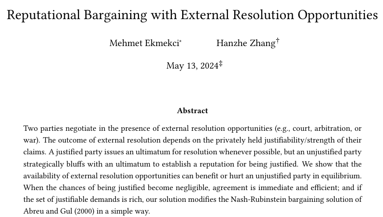 The Review of Economic Studies (@reveconstudies) on Twitter photo Two parties negotiate in the presence of external resolution opportunities (e.g., court, arbitration, or war). We study equilibrium effects of these opportunities on bargaining.
From <a href="/_MehmetEkmekci_/">Mehmet Ekmekci</a> and <a href="/DrHanzheZhang/">Hanzhe Zhang</a>:
restud.com/reputational-b…
#bargaining #arbitration #war Two parties negotiate in the presence of external resolution opportunities (e.g., court, arbitration, or war). We study equilibrium effects of these opportunities on bargaining.
From <a href="/_MehmetEkmekci_/">Mehmet Ekmekci</a> and <a href="/DrHanzheZhang/">Hanzhe Zhang</a>:
restud.com/reputational-b…
#bargaining #arbitration #war