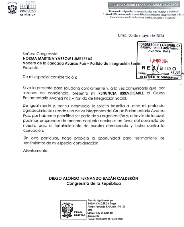 El congresista Diego Bazán renuncia a la bancada de Avanza País. Él entró al Congreso con Renovación Popular, pero se fue a Avanza País por discrepancias con Jorge Montoya. Ahora Montoya ya no está en Renovación.