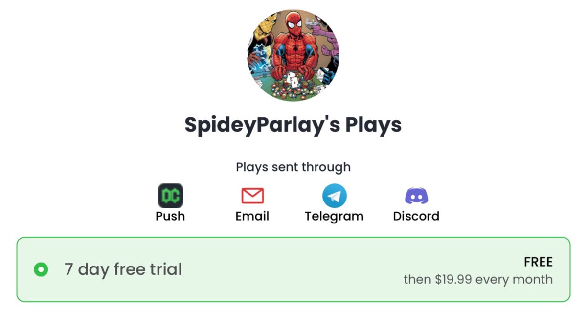 🚨 7-DAY FREE DUBCLUB TRIAL 🚨

1. Like+RT this Tweet

2. Follow <a href="/DubClub_rewards/">DubClub Rewards</a>

2. DM <a href="/DubClub_rewards/">DubClub Rewards</a> "SPIDEY"

If you do, they will DM you a 7-Day FREE Trial! 🤑

#PrizePicks | #GamblingX