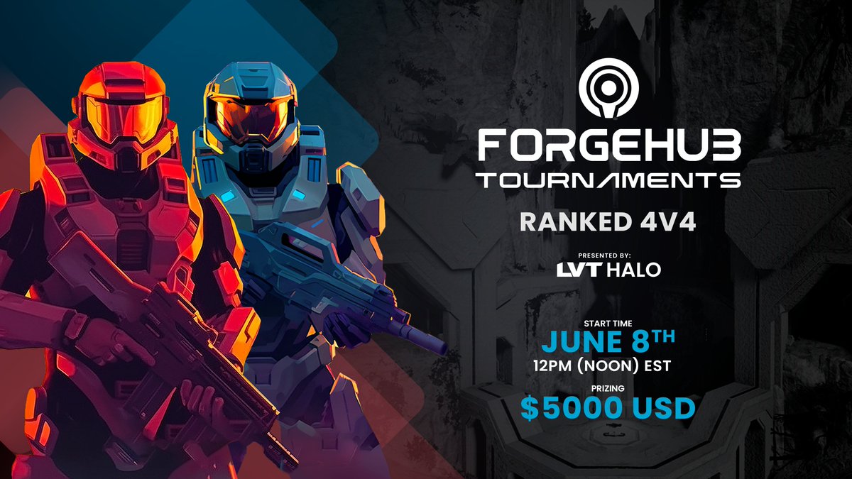 ForgeHub's tweet image. Join the action on our 1st #ForgeHubTournament this June 8th featuring competitive 4v4 #Forge maps from the community and $5K prize pool. ⚒️🏆

LIKE, RT &amp;amp; FOLLOW FOR A CHANCE TO WIN:
🪙 5x 1000 Halo Credits
🎁 $25 Xbox Gift Cards
🧼 Smellbringer Coatings

Powered by @LVTHalo.