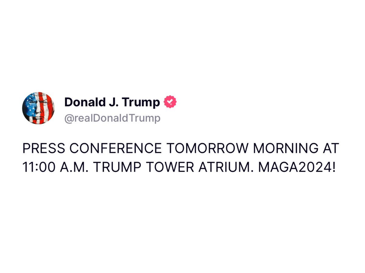 🚨BREAKING: RIGHTFUL PRESIDENT TRUMP JUST ANNOUNCED A PRESS CONFERENCE TOMORROW AT 11 AM!

Share to amplify his message!