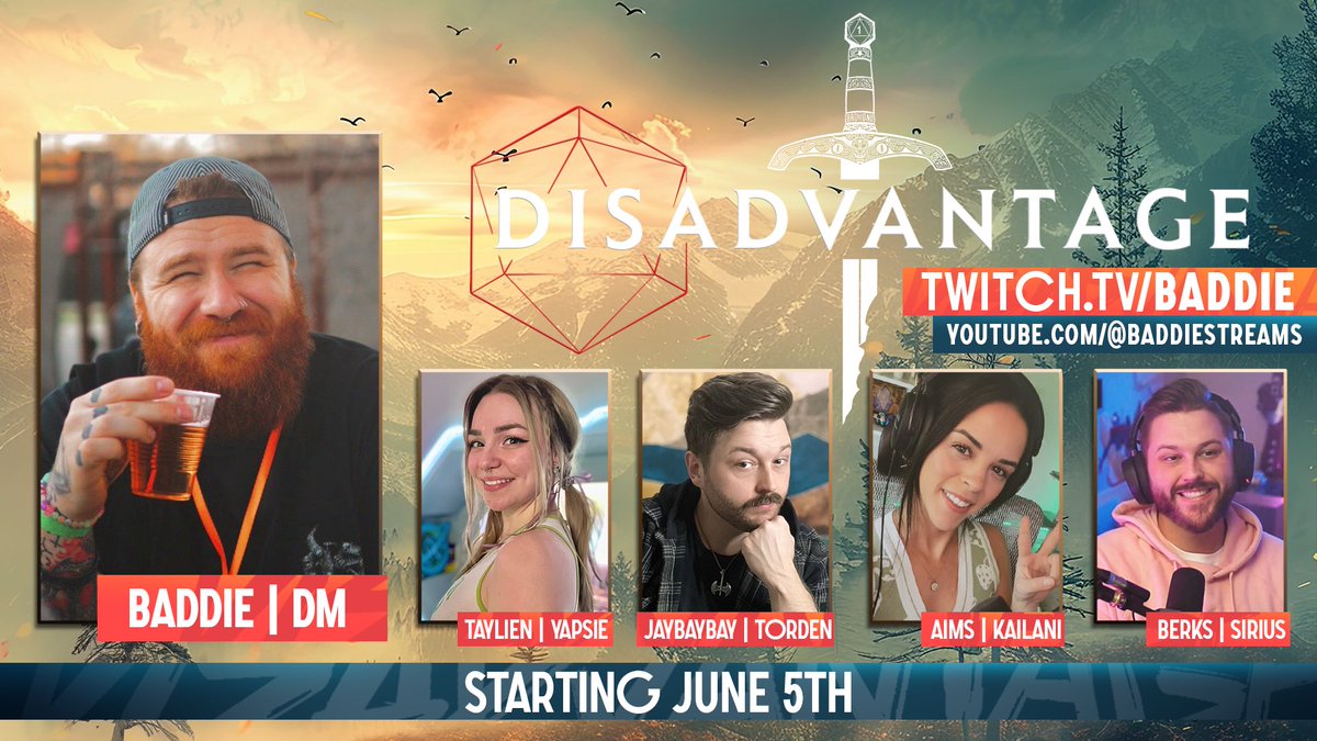 BaddieStreams's tweet photo. HAPPY TO OFFICIAL ANNOUNCE “Disadvantage” 

my passion project, a DnD Actual Play LIVE around a table with friends. 

Wednesday June 5th. Then every other wed. (19th for Ep2) Live on Twitch, X, Tiktok and posted to YouTube and all podcasting platforms the following week. 

Also getting my first ever front page slot on Twitch for the first two ep! 

Cant wait to show you all what we’ve been cooking up!