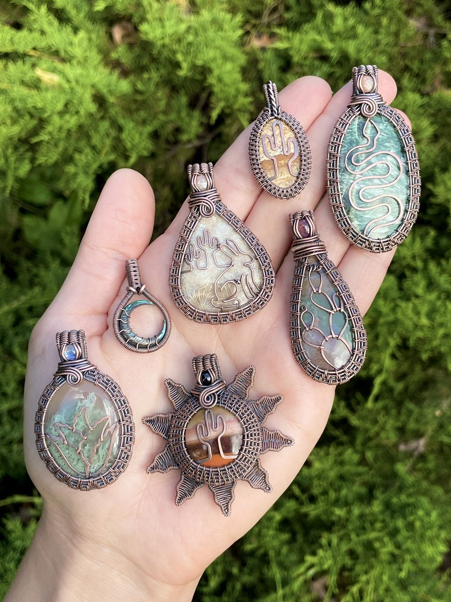 Here’s just a handful of my favorite pendants coming to the shop tomorrow! 🌵🌞🐍 I’ve had so much fun revisiting this desert theme. All of these pieces & more will be available tomorrow at 5:00 EST! Which one is your favorite? 👀