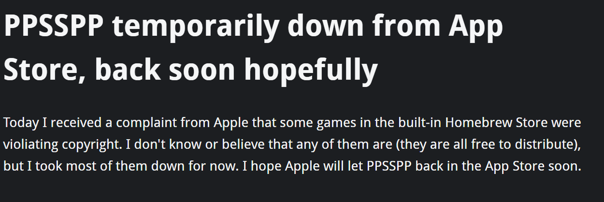 Wario64's tweet photo. PPSSPP temporarily down from App Store due to some games in the built-in Homebrew Store violating copyright (though apparently they were free to distribute)

https://t.co/APD19PtR9B https://t.co/1sf7V4Fsby