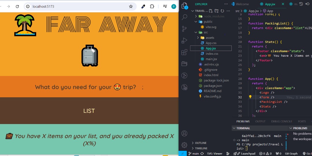 PromiseNwankw14's tweet image. Day 10 of 60
#60Dayscodingchallenge
#ReactJs
For day 10, I did my second exercise.
I built a travel list that contained a form section that was handled by an event and rendered on the UI using State.
