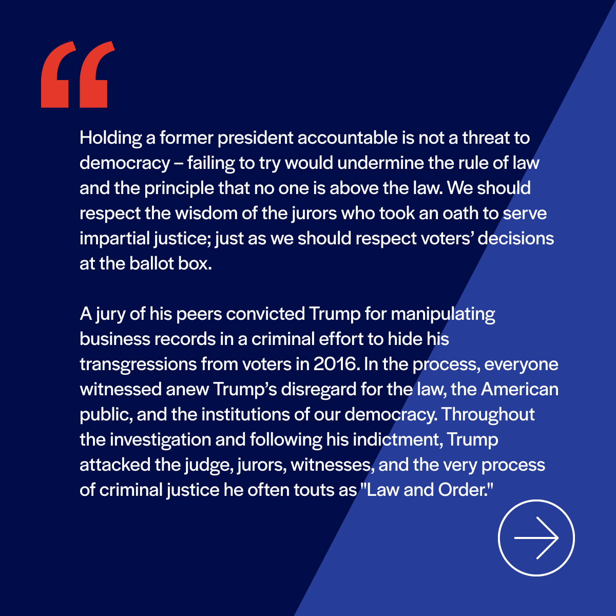 protctdemocracy's tweet photo. Donald Trump’s conviction on 34 felony counts in New York is a weighty moment for the rule of law. Holding a frmer POTUS accountable for crimes when warranted by the evidence is not a threat to democracy – failing to try would undermine the principle that no one is above the law. https://t.co/IF7UfxkjUI