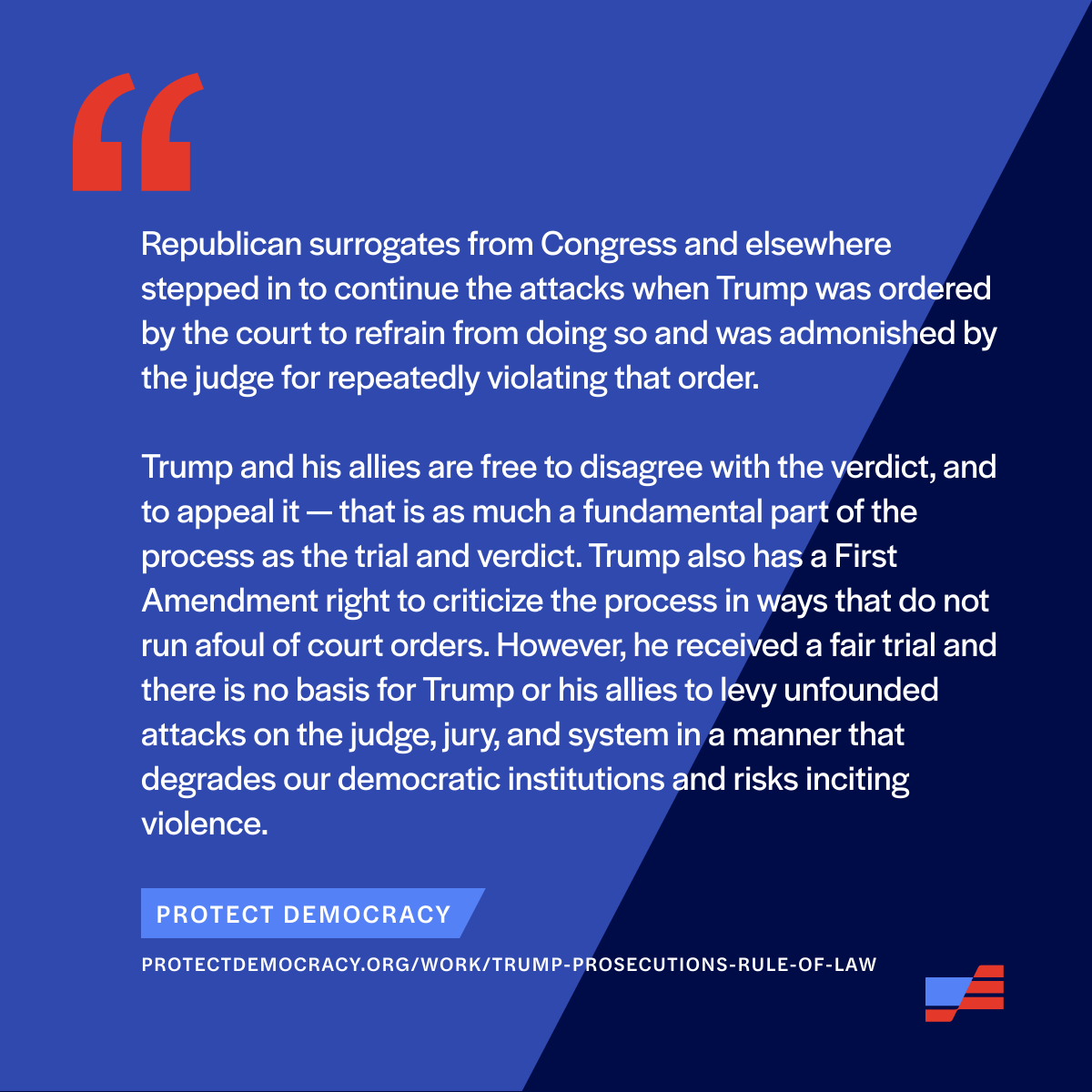 protctdemocracy's tweet photo. Donald Trump’s conviction on 34 felony counts in New York is a weighty moment for the rule of law. Holding a frmer POTUS accountable for crimes when warranted by the evidence is not a threat to democracy – failing to try would undermine the principle that no one is above the law. https://t.co/IF7UfxkjUI