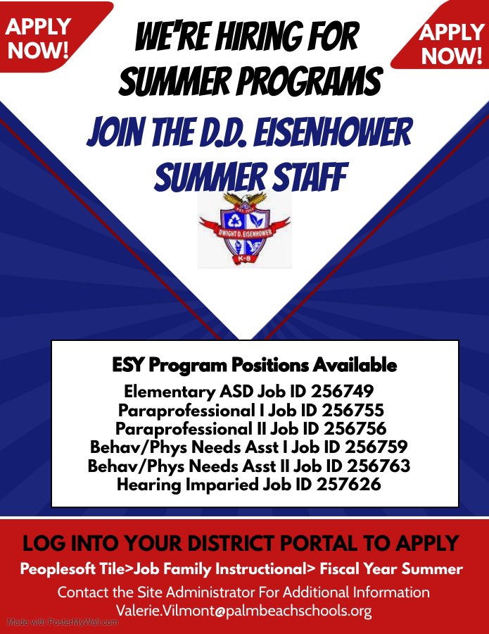 🗣️PSA…if you are still looking for a summer program position, please contact the site administrator for D.D. Eisenhower, Valerie Vilmont 📣

Positions are available in Peoplesoft…Apply Today!