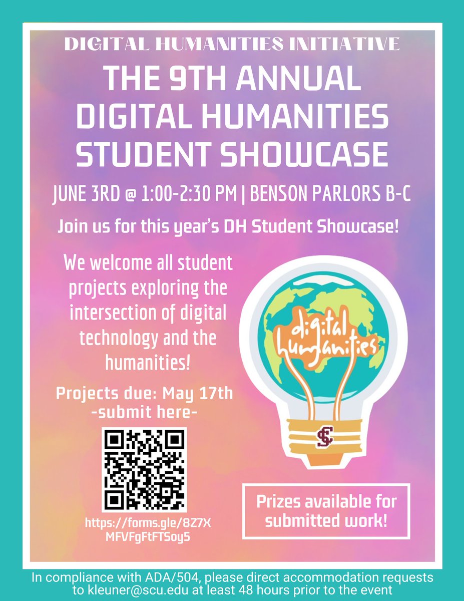 The Digital Humanities Initiative presents: 

The 9th Annual Digital Humanities Student Showcase
June 3rd 
1:00-2:30 PM 
BENSON PARLORS B-C

Join us for this year's DH Student Showcase exploring the intersection of digital technology and the humanities!