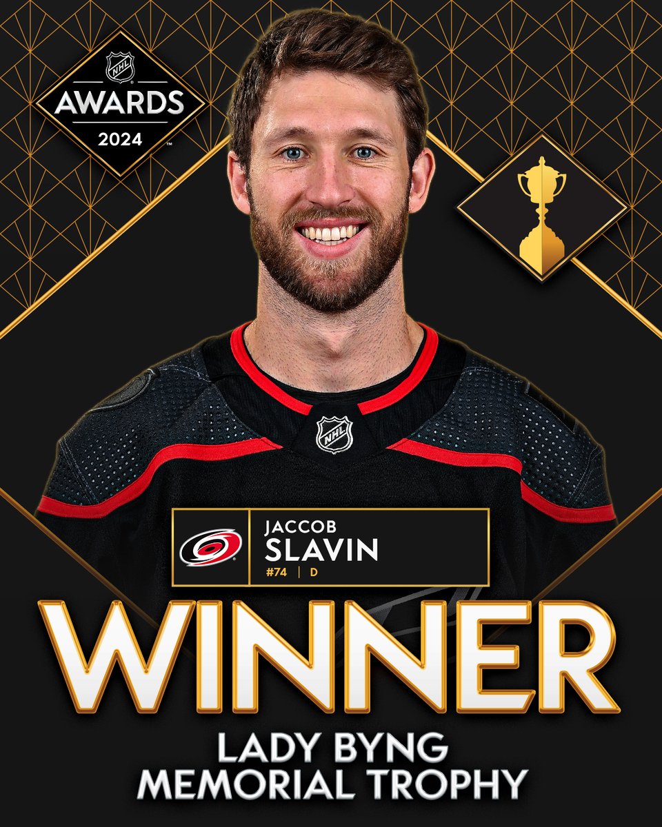This year's Lady Byng Memorial Trophy winner is Jaccob Slavin of the @Canes! 👏 #NHLAwards This annual award is given to the player adjudged to have exhibited the best type of sportsmanship and gentlemanly conduct combined with a high standard of playing ability.