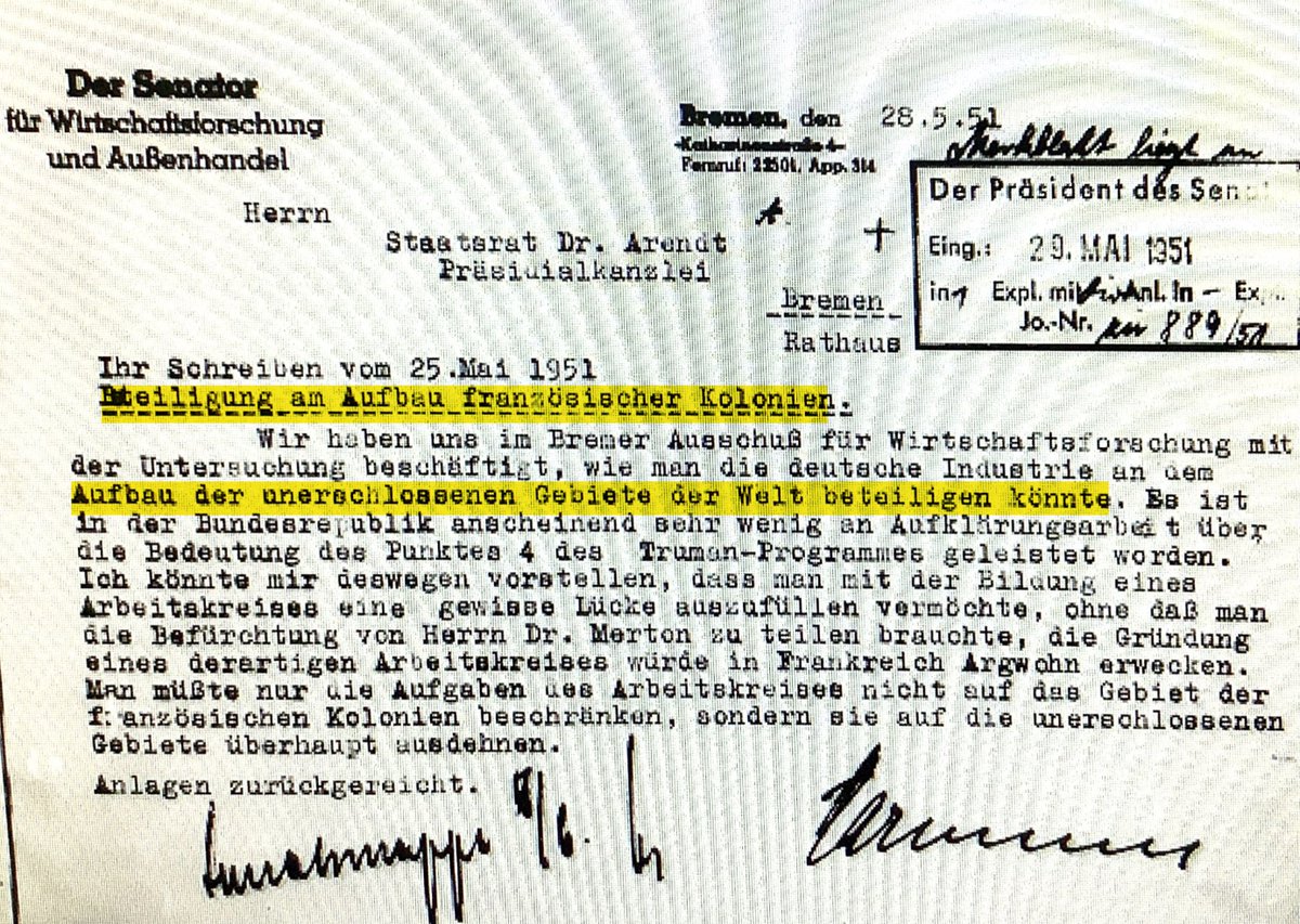 Aus dem Archiv: 1951 wollte der Bremer Senator für Wirtschaftsforschung und Außenhandel, Gustav W. Harmssen, noch einen Arbeitskreis für die Bremer Beteiligung am Aufbau von Kolonialgebieten gründen. Keine Amnesie nach 1945, sondern #Neokolonialismus. #Bremen