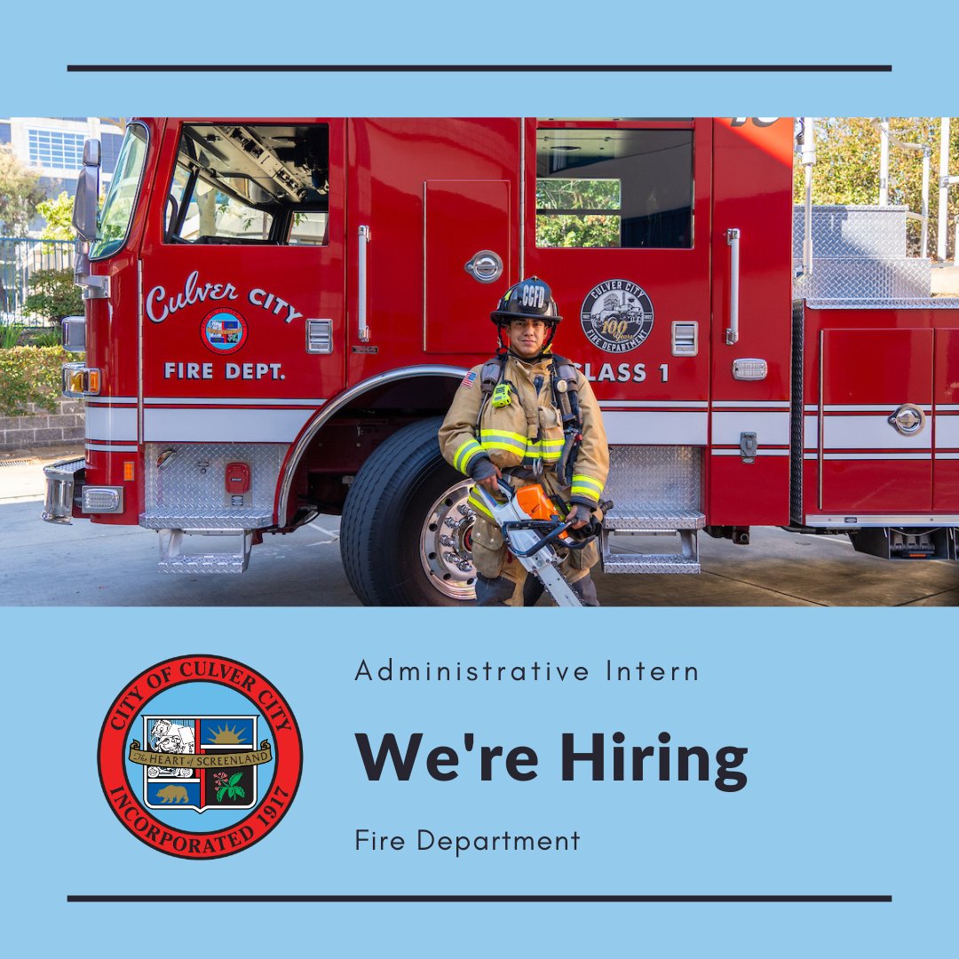 The #CulverCity Fire Department is hiring an Administrative Intern.

All applicants must submit an application online by Friday, June 21 at 5 PM.

For more information, visit: governmentjobs.com/careers/culver…