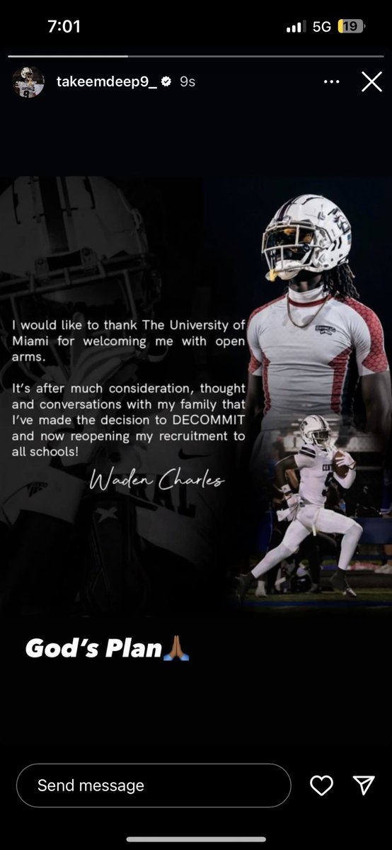 🚨Breaking News: 4-Star WR Waden Charles announces his de-commitment from the University of Miami🚨 Charles announced the decision via his personal Instagram moments ago! Where’s home for the talented route runner?? Per @CP_Photo2004 @takeemdeep9_ @PBCbroncosFBALL
