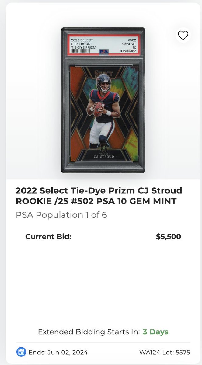 It's always something when I try to give Twitter good deals. My PSA 10 CJ Stroud Tie-Dye XRC /25 is set to end on @PWCCmarketplace's Weekly Sunday Auction and is currently at $6600 with 3 days left!