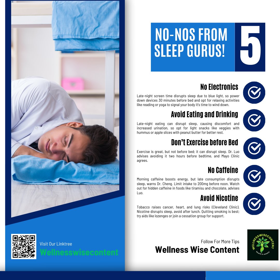 wellnesswisec's tweet photo. 📷 Bedtime Behaviors: 5 No-Nos from Sleep Gurus! #SleepExperts #BedtimeHabits #SleepHealth #BedtimeTips #HealthySleepHabits #QuitSmoking #SleepWell #NicotineEffects #WellnessJourney #SleepBetter #CancerPrevention #HeartHealth https://t.co/9FUEtbZQDX