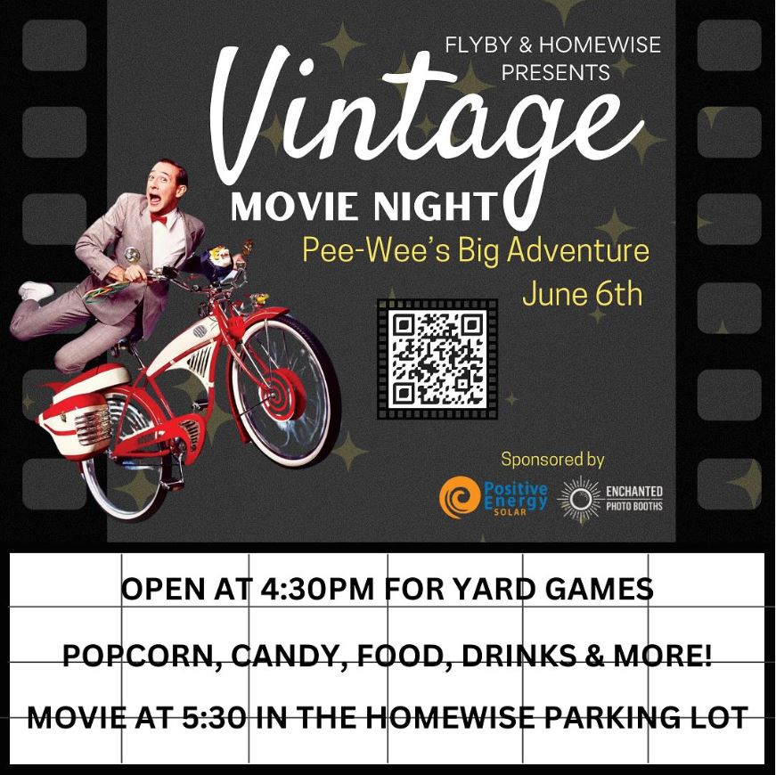 Join Fly By Provisions and Homewise for their upcoming Vintage Movie Night! 🎬

Enjoy a free screening of 'Pee Wee’s Big Adventure' with food and drinks available for purchase. Plus, free paletas from Chaparritas Ice Cream! 😋🍦

🎟️ ow.ly/4UAZ50S2Yfo