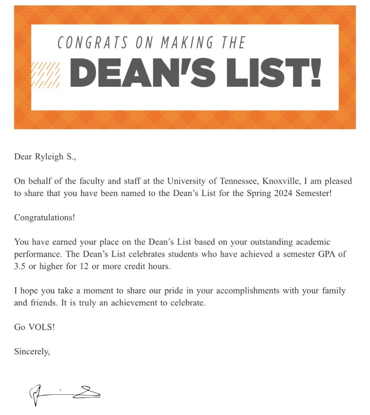 Congratulations <a href="/ryewhite07/">Ryleigh White</a>  on making the Deans list again! Suma Cum Laude 4.0 baby!!! #studentathlete <a href="/KarenWeekly/">Karen Weekly</a> <a href="/Vol_Softball/">Tennessee Softball</a> 🧡🙌🏻 The everything School
