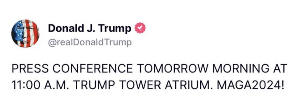 BREAKING: Donald Trump just announced there will be a PRESS CONFERENCE tomorrow morning (Friday 31st May 2024) at Trump Tower Atrium. 

#TRUMPTOWER #Newyork #DonaldTrump #pressconference