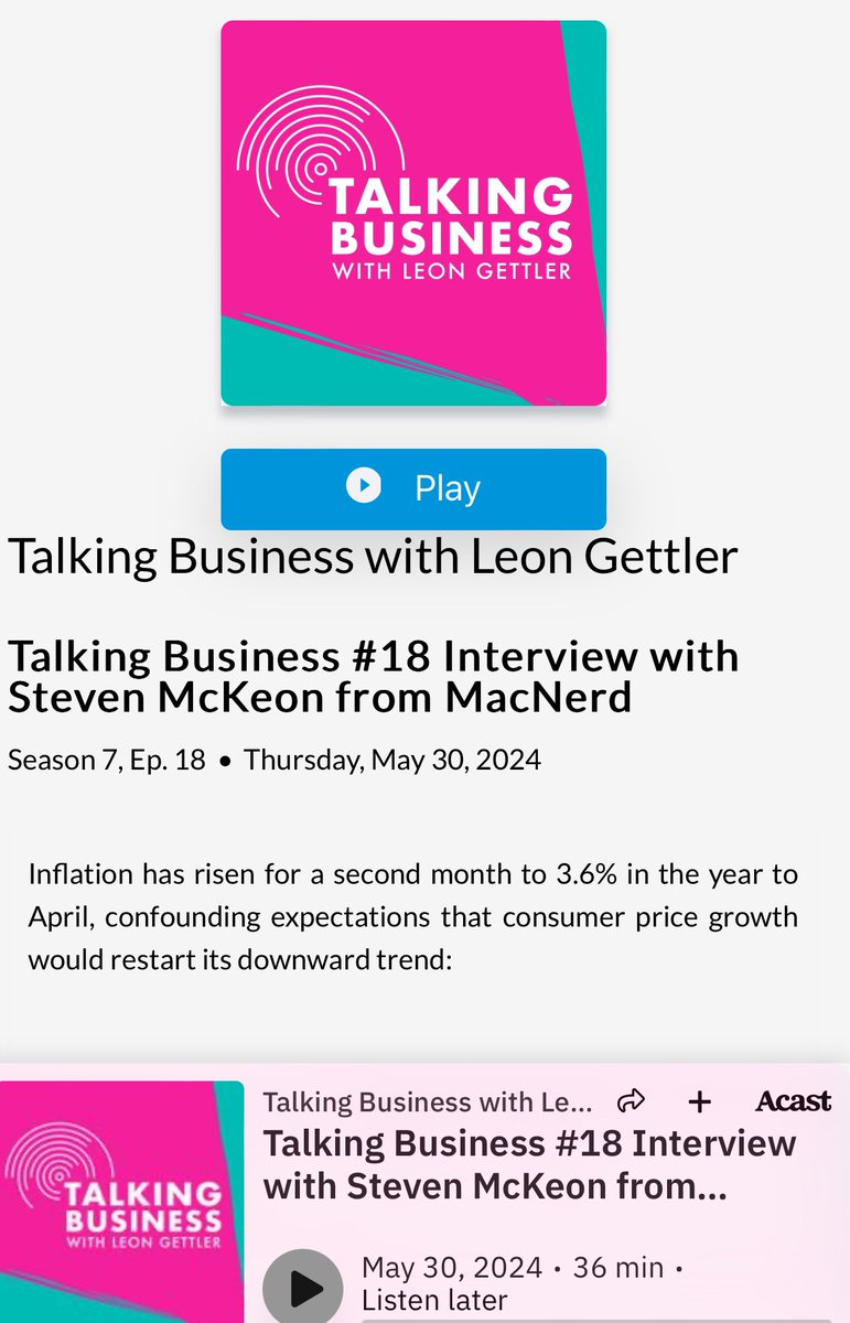 Check out my latest interview. Please let me know what you think? 🙏

Talking Business #18 Interview with Steven McKeon from MacNerd - Talking Business with Leon Gettler 

shows.acast.com/talkingbusines…