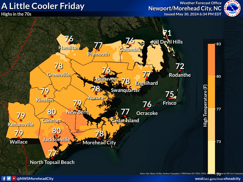 There will be a chance for a few showers and thunderstorms late tonight through Friday morning mainly east of Highway 17. Temperatures on Friday will be a little cooler with highs in the 70s.