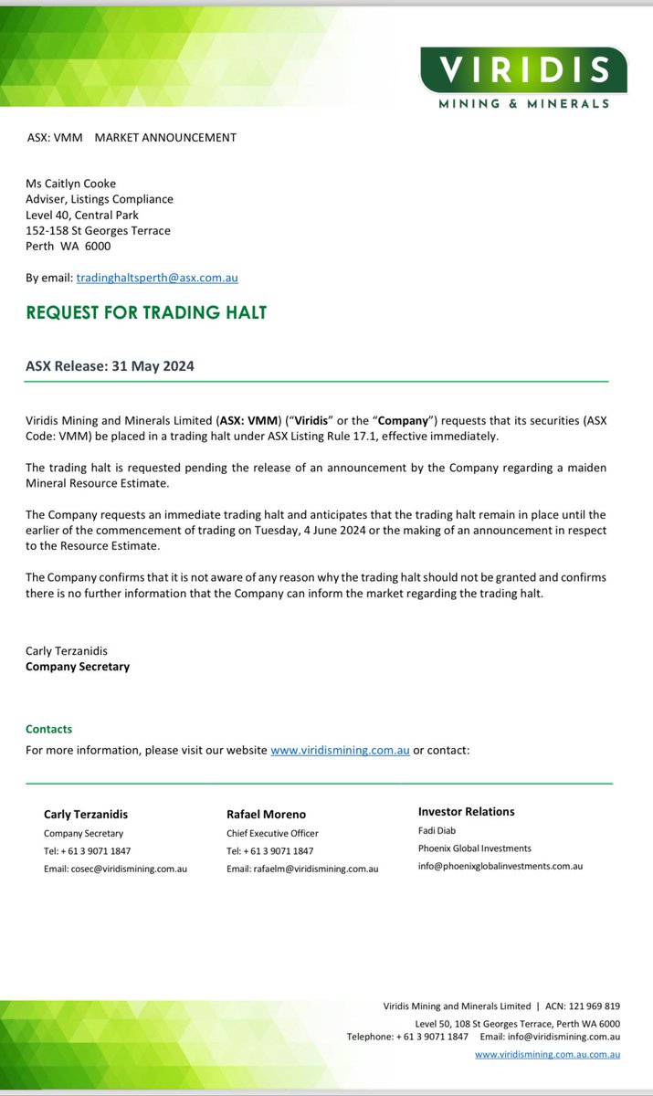 Viridis Mining and Minerals $VMM securities will be in a trading halt until the earlier of the commencement of normal trading on Tuesday, 4 June, or the pending release of maiden Mineral Resource Estimate.

#Viridis #VMM #Securities #TradingHalt #ASXNews #FirstMRE