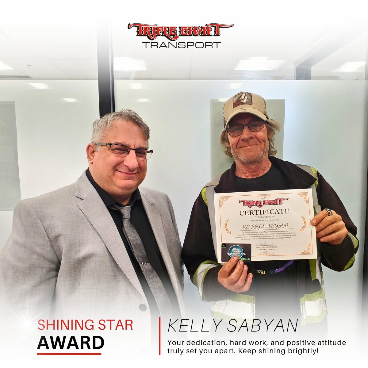 888transport's tweet image. Shining bright like a diamond! Huge congrats to Kelly Sabyan on winning the Shining Star Award!🌟 Your dedication and skills are truly stellar.

#ShiningStar #Award #TopDriver #TeamTripleEight #TripleEightTransport