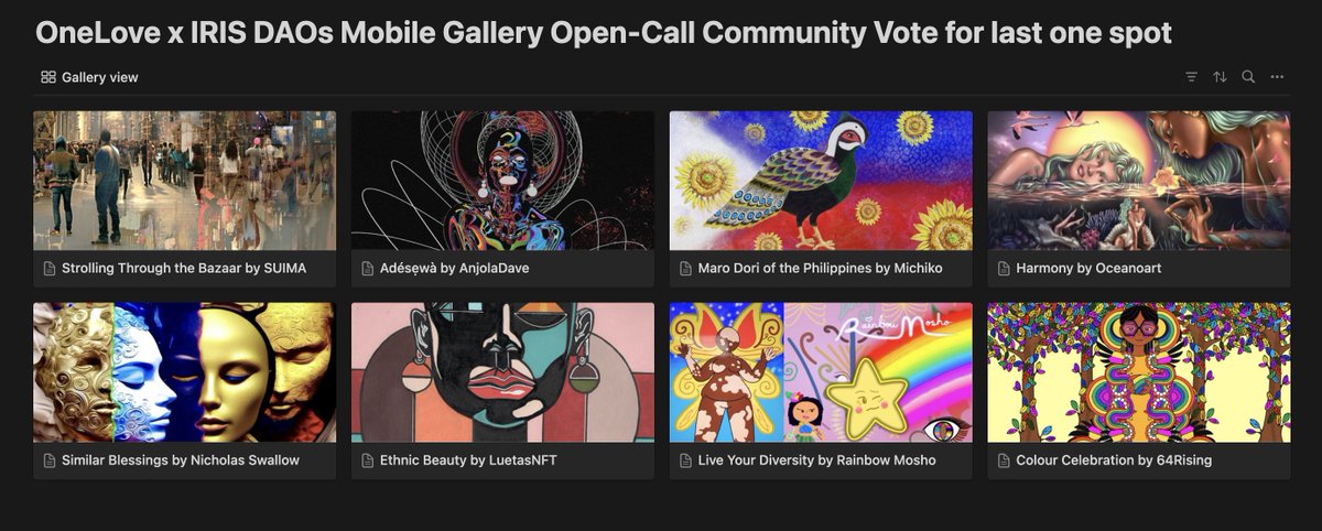 Community Input Needed 🚨 Iris DAO and @oneloveartdao have already selected 11/12 artists for the mobile gallery exhibition to celebrate cultural diversity. These winners will be announced tomorrow. However, we want our Iris DAO members to help decide the final one spot since