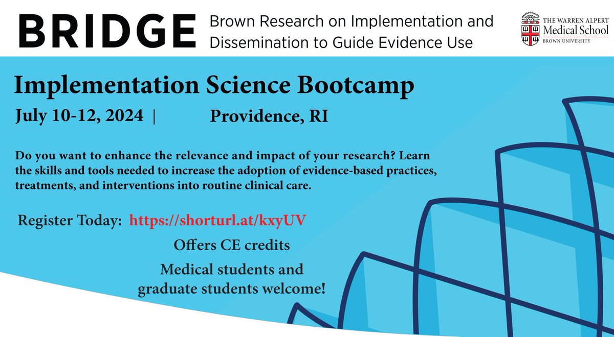 Looking forward to hosting our 3rd implementation science bootcamp July 10-12 on the beautiful <a href="/BrownUniversity/">Brown University</a> campus! Please register asap so that you don’t miss out! <a href="/BrownMedicine/">The Warren Alpert Medical School</a> <a href="/BrownPsychiatry/">Brown Psychiatry and Human Behavior</a> <a href="/Advance_CTR/">Advance RI-CTR</a> <a href="/ProvBosCFAR/">Providence/Boston CFAR</a> <a href="/Brown_SPH/">Brown University School of Public Health</a>
