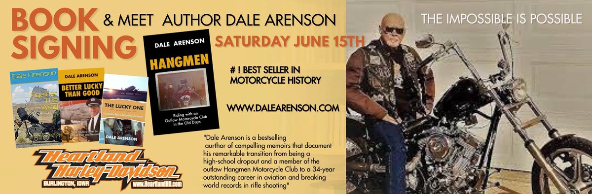 Hi everyone, I am excited to announce that I will be appearing at the Heartland Harley-Davidson in Burlington, Iowa on June 15th so sell and sign my books.

Heartland is celebrating their 30th anniversary with a big party, it will be a great time, hope to see you there.