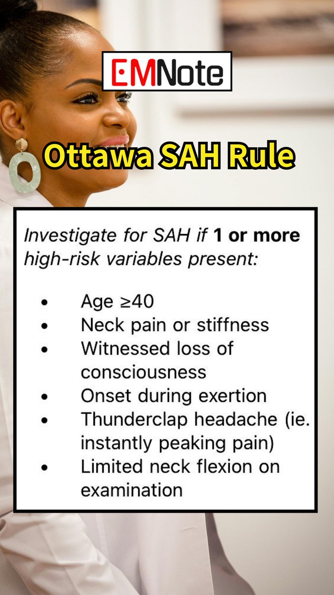 Ottawa SAH Rule. youtube.com/shorts/fP4wxT9… Patients who meet all low-risk criteria may not require immediate neuroimaging. Do not apply the rule in patients with new neurologic deficits, prior aneurysm, prior SAH, known brain tumors, or chronic recurrent headaches.