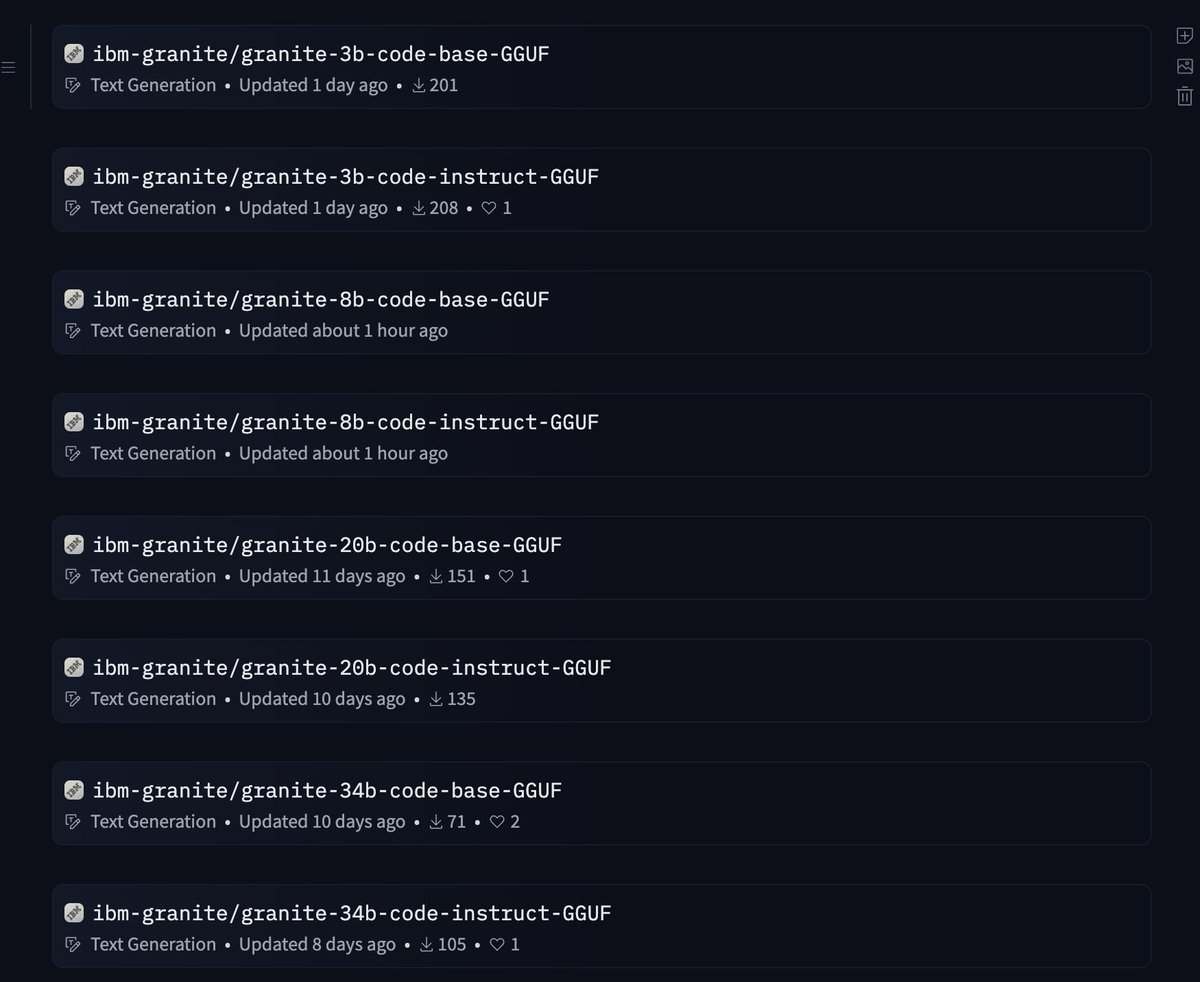 We have released 4-bit GGUF versions of all Granite Code models for local inference. 💻 
The models can be found here: huggingface.co/collections/ib…