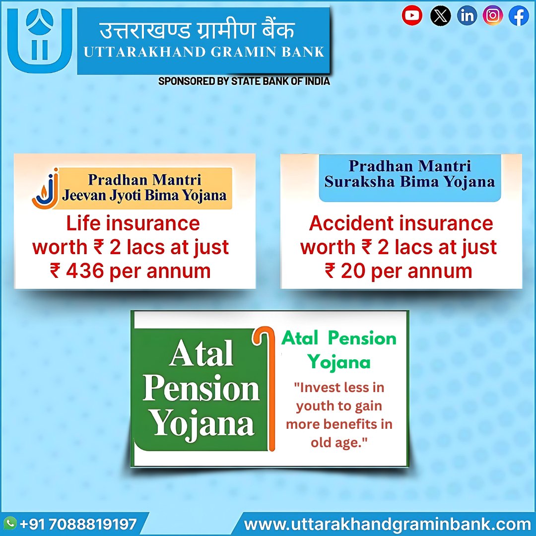 'Unlock the benefits of
• Pradhan Mantri Jeevan Jyoti Bima Yojana (PMJJBY)
• Pradhan Mantri Suraksha Bima Yojana (PMSBY)
• Atal Pension Yojana (APY)
with UTTARAKHAND GRAMIN BANK.
Visit our nearest branch to explore these schemes and receive personalized assistance.
#UGB #BANK