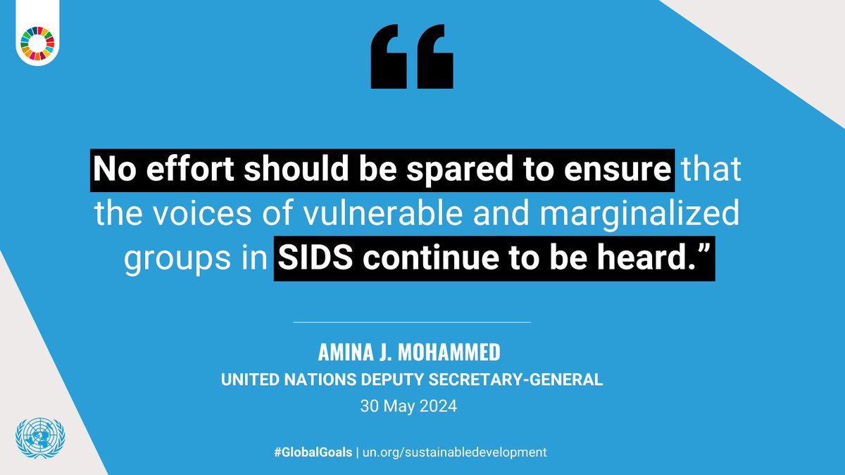 'No effort should be spared to ensure that the voices of vulnerable and marginalized groups in #SIDS continue to be heard.' @UN DSG @AminaJMohammed. Read the #SIDS4 closing press release and learn about the new 10-year plan of action for #SmallIslands➡️ bit.ly/3X12iDa