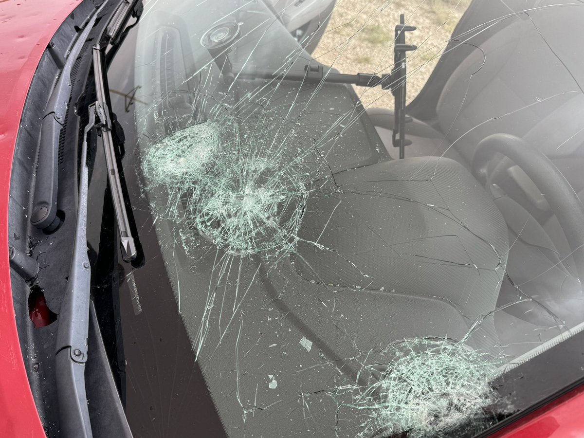 Huge craters left in my windshield from baseball sized hail just north of Denver City, Texas! #txwx @NWSLubbock