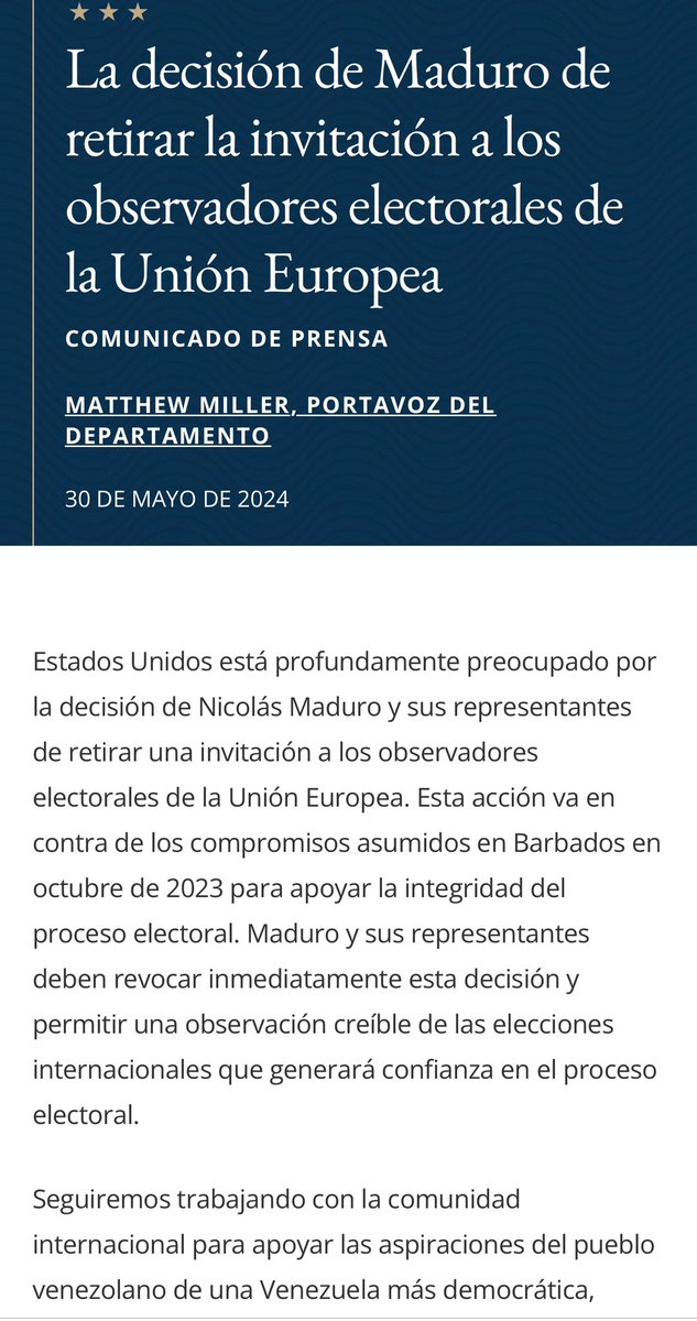 El Sr. Miller quizás está acostumbrado a darle instrucciones a la Unión Europea, pero nuestro país es libre y soberano hace más de 200 años. La democracia Bolivariana es sólida y ejemplar, mucho podríamos enseñarles a los EEUU a realizar elecciones verdaderamente libres. El