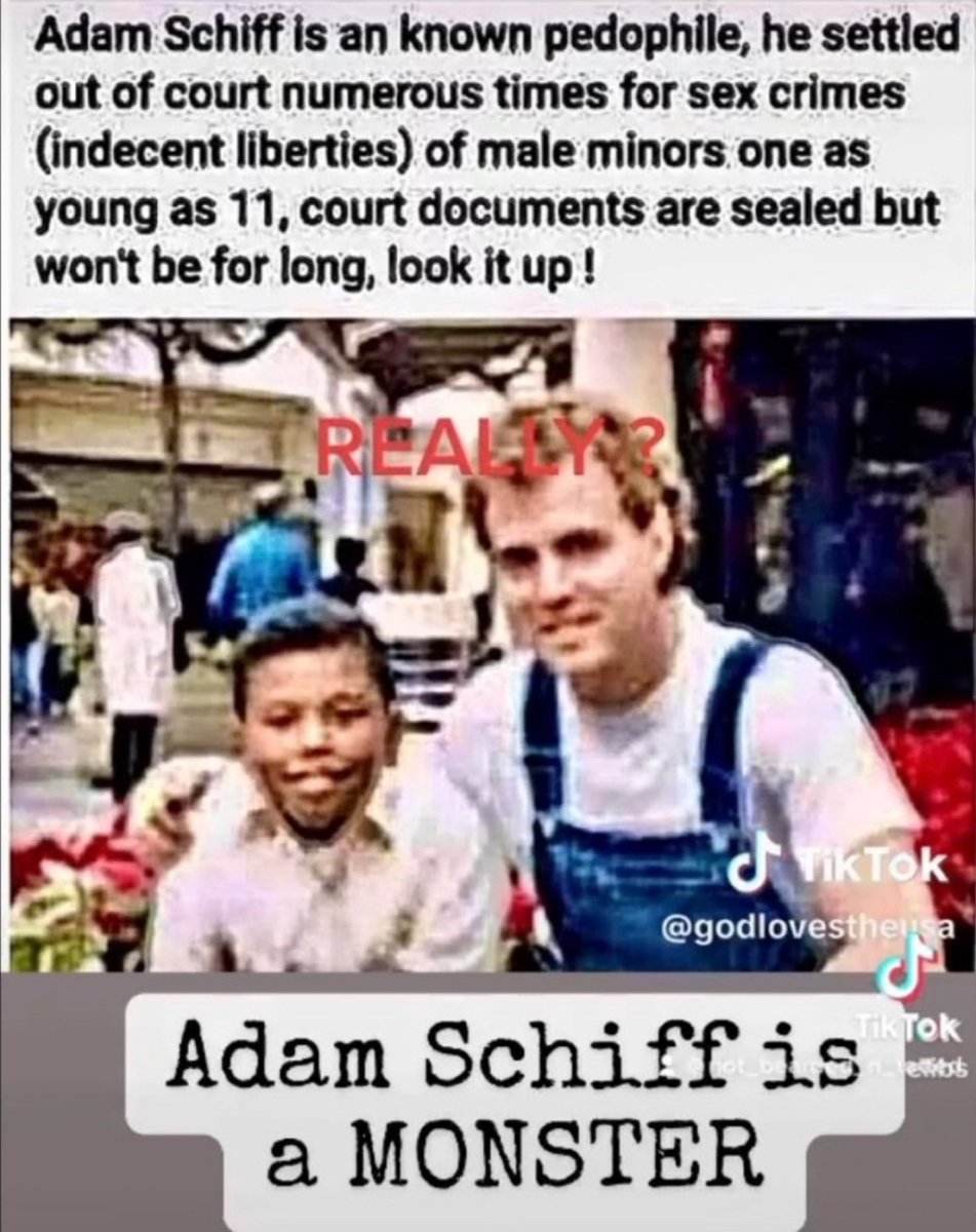 @AdamSchiff No, you just set the course for the world to see what happens when you railroad someone because he's a threat to your child trafficking cult. Your turn is coming pedo. Believe it. 'NO One Is Above The Law.' Remember? NO ONE.