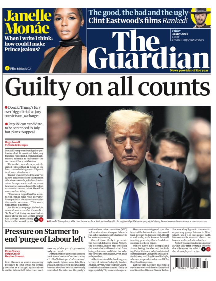 Friday’s @guardian front page: Guilty on all counts theguardian.com/us-news/articl…