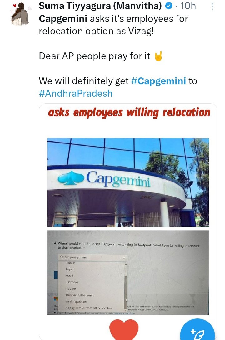 Good news that #Capgemini decided to Opt for new location, when i asked senior lead he said that our management got a feedback that @ysjagan loosing in 2024 so we might start our operations from Andhra pradesh #Vizag may an option Anna pothunnadu manchi rojulu vasthunay