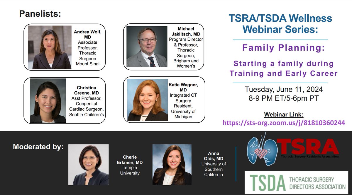 Join TSRA and TSDA in our fourth webinar in the Wellness Webinar Series!

Family Planning: Starting a Family during Training and Early Career

Tuesday June 11, 2024: 8:00PM ET/5:00 PM PT.

Cardiothoracic surgeon leaders and trainees will discuss starting a family and discuss