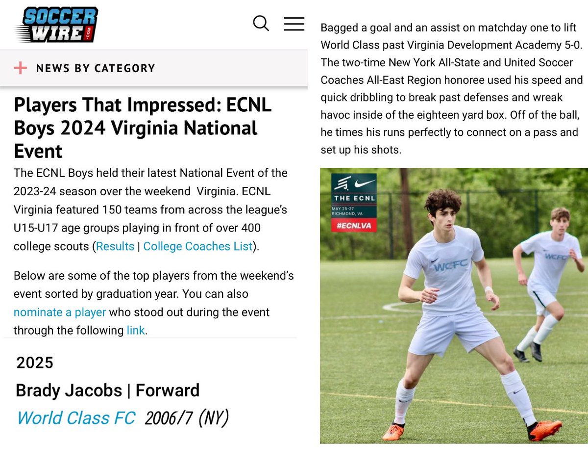 Thank you <a href="/TheSoccerWire/">SoccerWire</a> for including me in your <a href="/ECNLboys/">ECNL Boys</a> write up! I’m honored to be mentioned with such outstanding players. <a href="/WorldClassFC1/">World Class FC</a> <a href="/TopDrawerSoccer/">TopDrawerSoccer</a> <a href="/TappanZeeSoccer/">Tappan Zee Soccer</a>