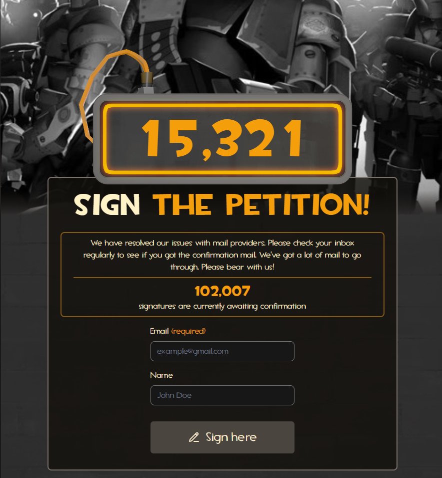 JatJustatard's tweet photo. 117328 SIGNATURES, WE ARE AT 110000+ SIGNATURES LADIES AND GENTLEMEN! 

YES MANY OF THEM ARENT CONFIRMED BUT WE WILL HOPE TO GET THEM THROUGH! 
#SaveTF2 #FixTF2 https://t.co/dzrNCXgGLd
