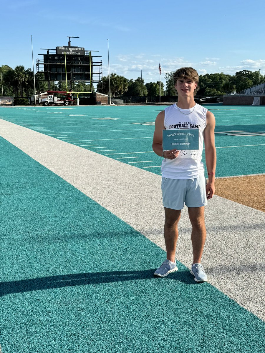CarsonJones2026's tweet photo. Today at Coastal Carolina I Won kickoff out of whole camp and had a 73 3.66 ball, went perfect on charting. Got 2nd place on FG because of rock paper scissors. (52 yard FG) #AGTG 
@DanOrnerKicking @MattWogan6 
-
@CoastalFootball @CoachMattPearce @Coachtimbeck @Aidan_Panni_ @coachmiller2525 @KadeHensley2 
-
@PGHS_FOOTBALL @GroveAD @mckinneytyler11