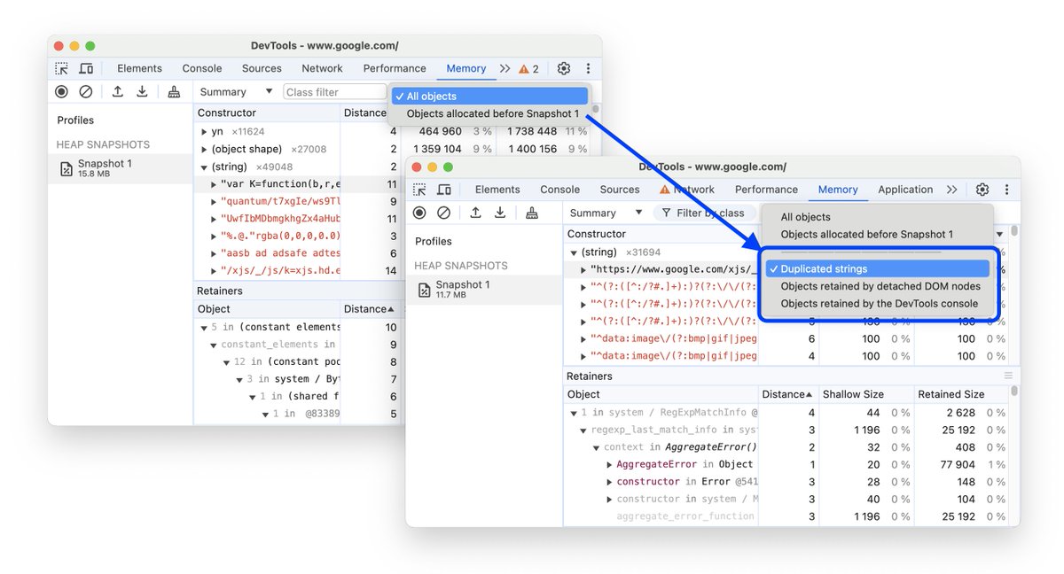 addyosmani's tweet image. In @ChromeDevTools you can now find memory issues more easily. 

We added new filters to &quot;Memory&quot; to find duplicate strings, objects retained by detached DOM nodes and other reasons when taking heap snapshots.