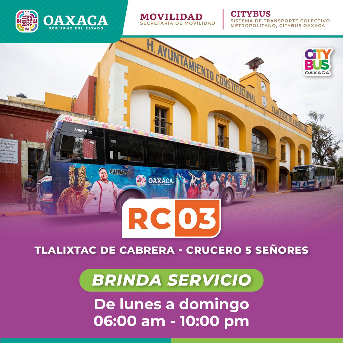 Nuestra ruta RC03 ha mejorado la movilidad para cientos de personas usuarias de la zona Metropolitana de Oaxaca. Conoce sus días y horarios de operación. 

#ViajaConNosotros