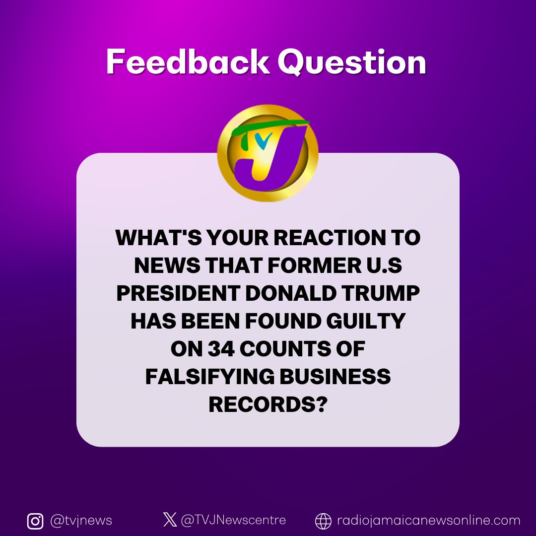 We want to hear from you!

What's your reaction to news that former U.S President Donald Trump has been found guilty on 34 counts of falsifying business records?

Let us know in the comments.

#PrimeTimeNews #TVJNews #feedbackquestion