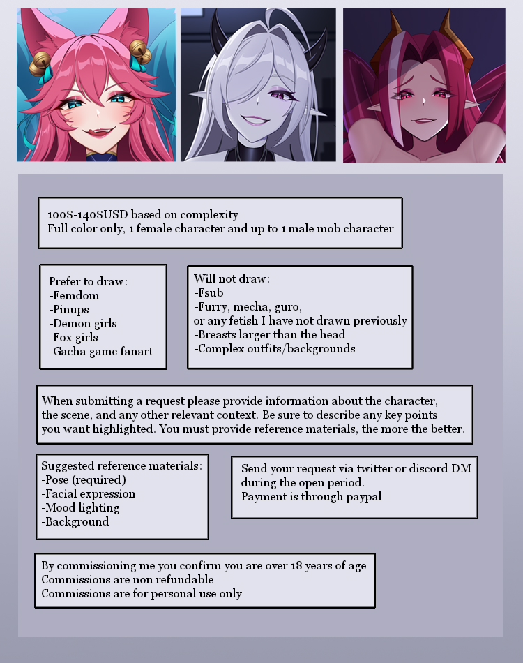 Comms open, 2 slots. It is not first come first served, I will leave these open till next thursday before choosing. You can DM me if you have any questions.