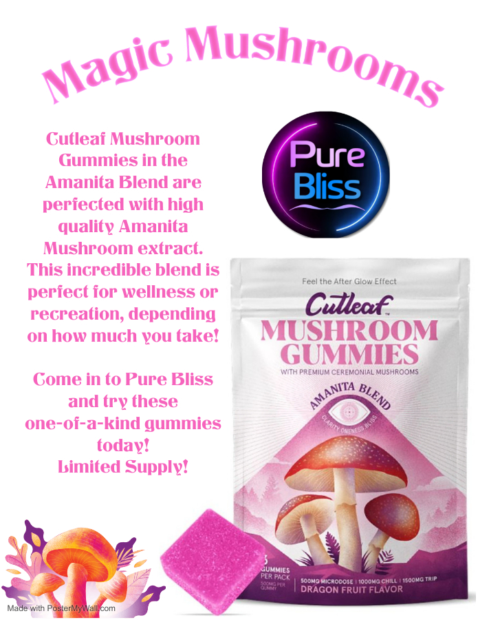 Magic Mushrooms at Pure Bliss? You heard right! Come check out these Cutleaf Mushroom Gummies made from Amanita Mushroom Blends! Hurry in its's a limited supply!
#gummies #amanitamuscaria #amanitamushroom #couplesboutique #adultstore #relaxation #calmingvibes