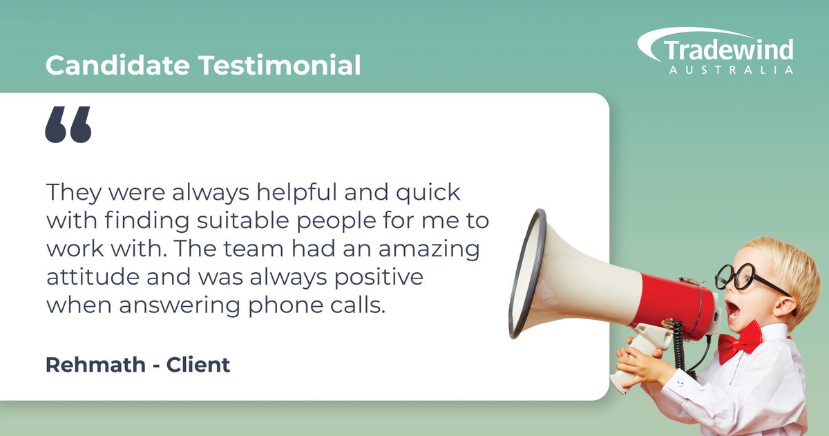 The Tradewind Australia team are industry leaders for recruitment support to the organisations we work with. Let us help efficiently source the ideal candidates your organisation is looking for. Get in touch now ☎️
twrecruitment.com.au/contact

#ClientTestimonial #RecruitmentSuccess