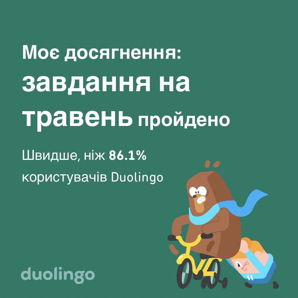 ASirychenko's tweet photo. Мені вдалося завершити завдання на травень швидше, ніж 86.1% користувачів Duolingo! https://t.co/occfUIzN3b