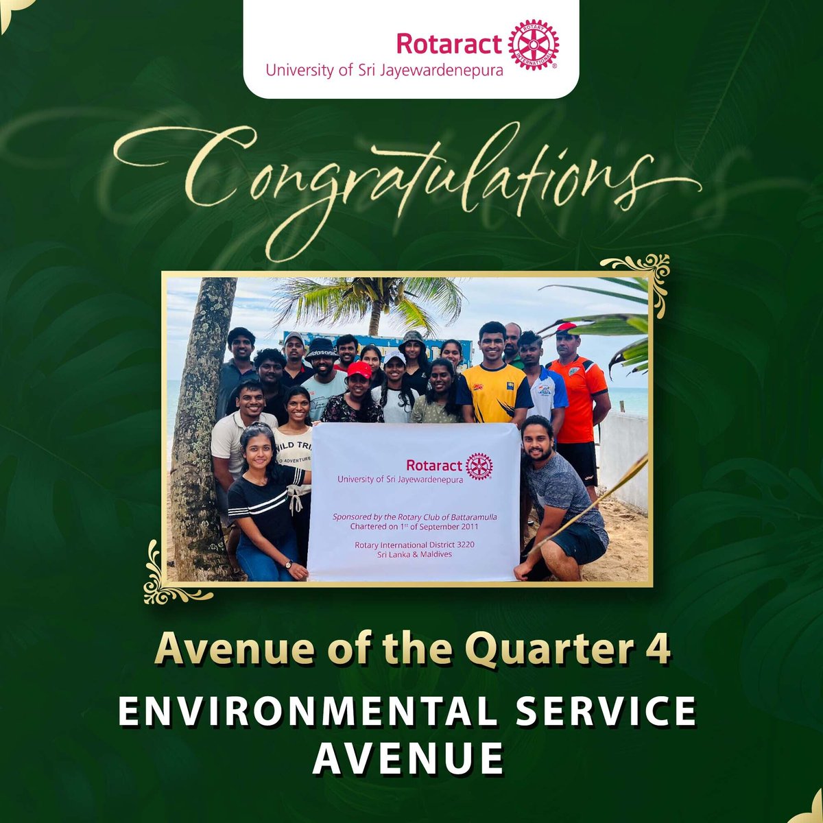 Congratulations to the Environmental Service Avenue of the Rotaract Club of University of Sri Jayewardenepura for being recognized as Avenue of the 4th Quarter! 🎉

#RACUSJ
#Rotaract 
#Rotaract3220
#CreateHopeintheWorld
#YouthForAll
